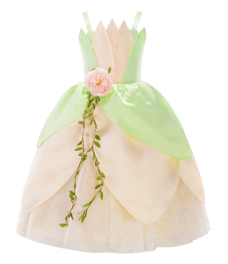 JerrisApparel Girls Princess Costume Halloween Party Dress up Role Play Fancy Dress Ball Gown (Green with Accessories, 7-8 Years) - Image 2