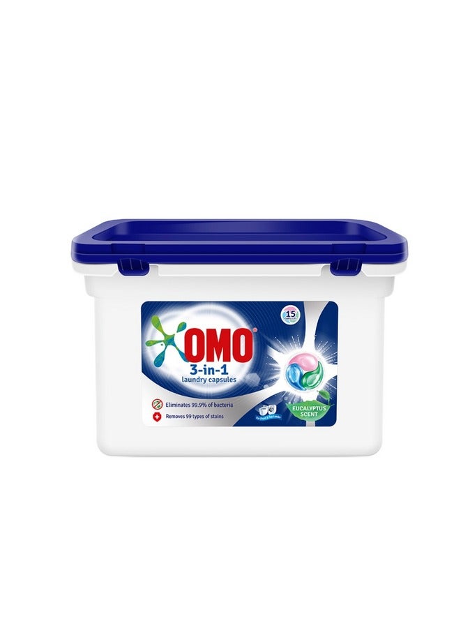 أومو كبسولات للغسيل ٣ في ١ لإزالة البقع، بالأوكالبتوس المنعش، تُزيل ٩٩ نوعًا من البقع، ١٥ كبسولة - Image 1