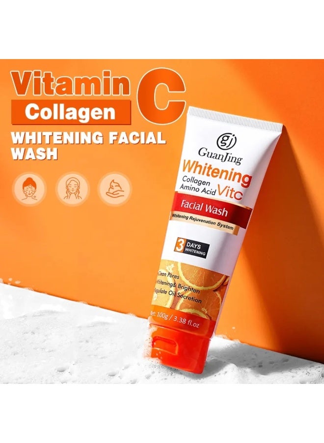 GUANJING غسول وجه فيتامين سي للتفتيح 100 جرام - غسول وجه مشرق وعميق التنظيف ومنعش مع الكولاجين والأحماض الأمينية لتنظيف المسام وتنظيم إفراز الزيت وتقليل التجاعيد وإزالة الأوساخ وبقايا المكياج - Image 3
