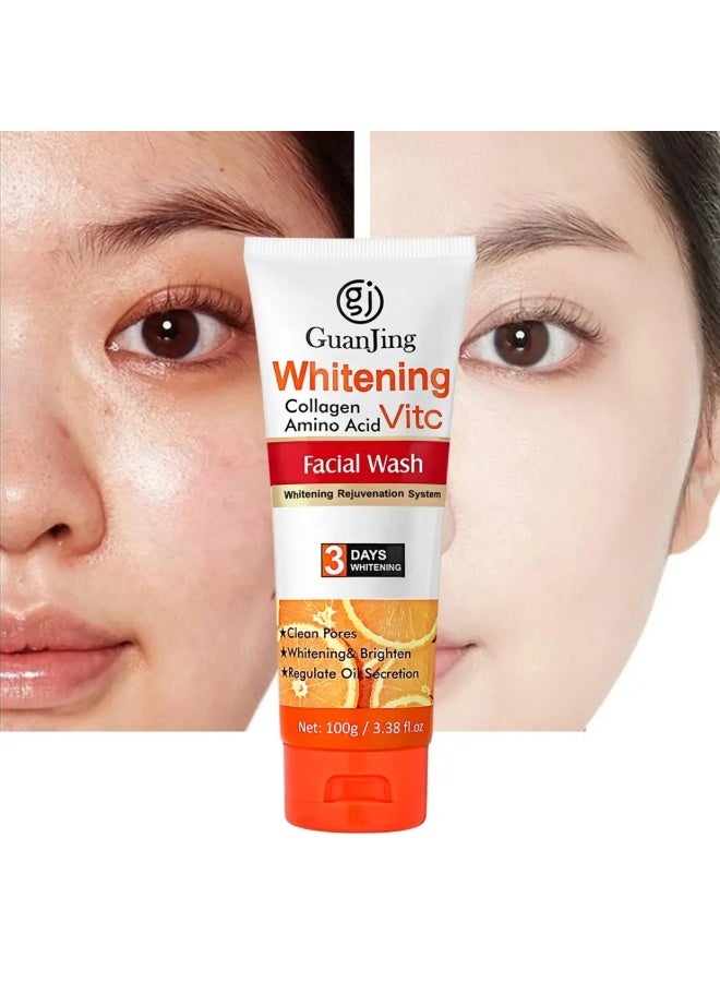 GUANJING غسول وجه فيتامين سي للتفتيح 100 جرام - غسول وجه مشرق وعميق التنظيف ومنعش مع الكولاجين والأحماض الأمينية لتنظيف المسام وتنظيم إفراز الزيت وتقليل التجاعيد وإزالة الأوساخ وبقايا المكياج - Image 2