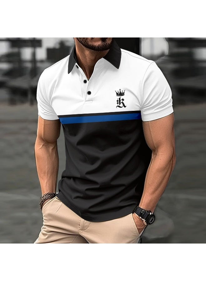 Classic Men's Polo Shirt With Striped Graphic Print Outdoor Casual Short Sleeve Button Top - Image 1