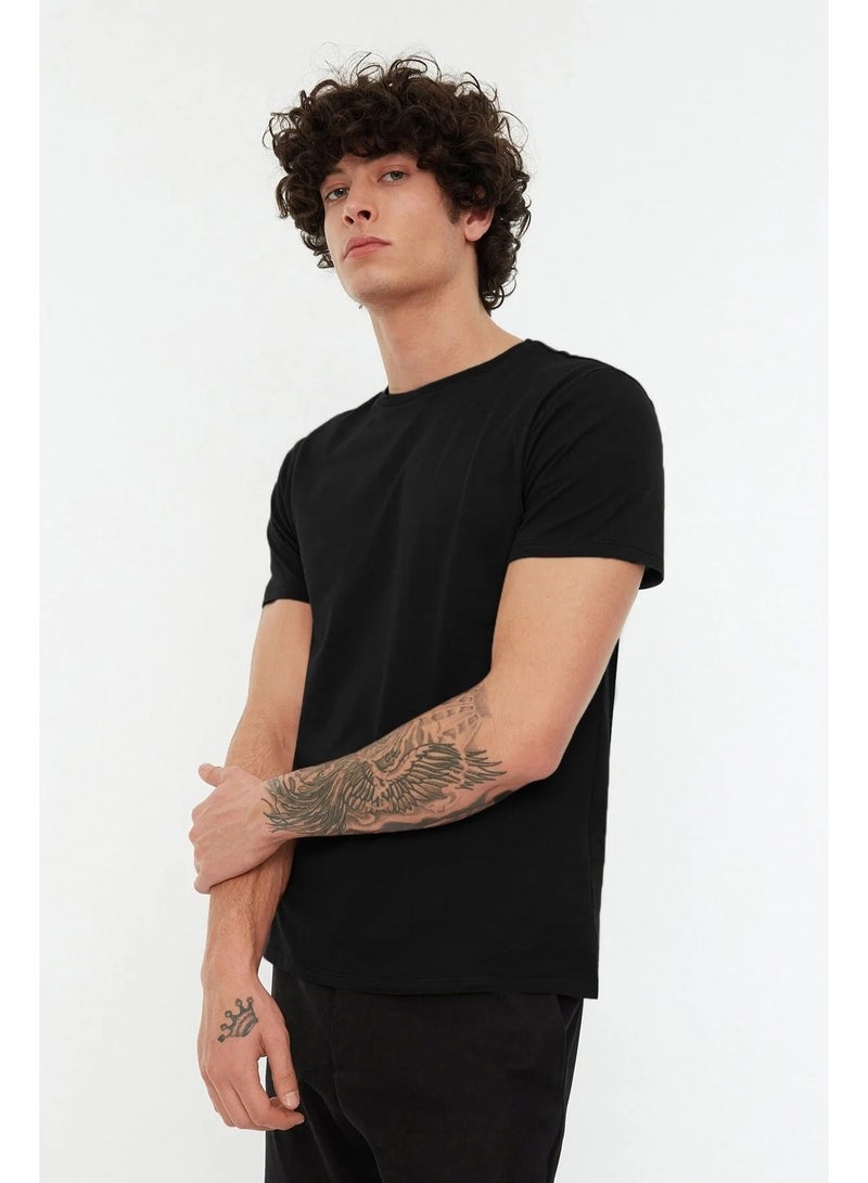 تي شيرت رجالي ضيق بياقة دائرية - 100% قطن، بأكمام قصيرة، مجموعة أساسية كاجوال - أسود - Image 3