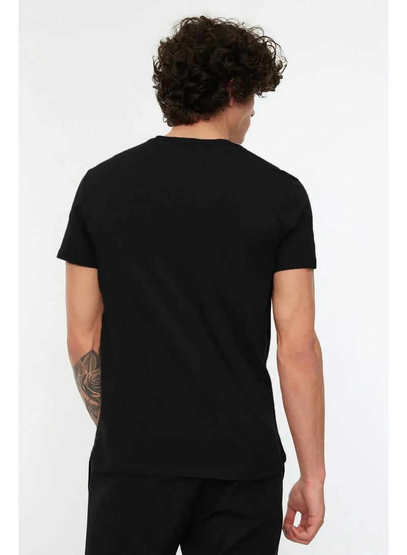 تي شيرت رجالي ضيق بياقة دائرية - 100% قطن، بأكمام قصيرة، مجموعة أساسية كاجوال - أسود - Image 4
