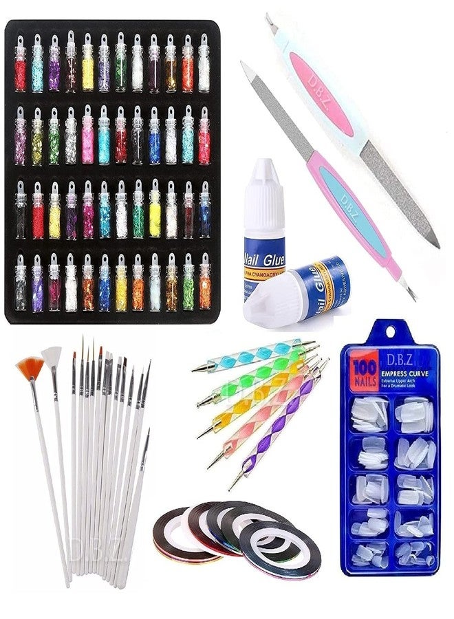 Aabhir TRADERS Nail Art Kit with, 100 Nails,15 Pcs Nail Art Brush,5 pcs Nail Dotting Tools,48 Pcs 3D Nail glitter bottles,10 Round Nail Tapes,2 Nail Glue & 2 Pc Nail Filer - (182 Pcs Combo) - Image 1