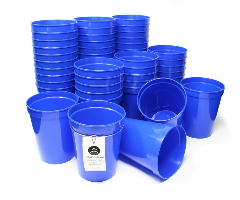Rolling Sands 16 Oz Reusable Plastic Stadium Cups Bulk 50 Pk USA Made BPAFree Dishwasher Safe Plastic Tumblers Blue