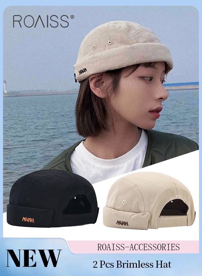 roaiss 2Pcs Cotton Vintage Dome Cap, Men's Adjustable Beanie Docker Hat, Handsome Street Hip Hop Hat for Men and Women, Fashionable Casual Cuff Skullcap - Image 1