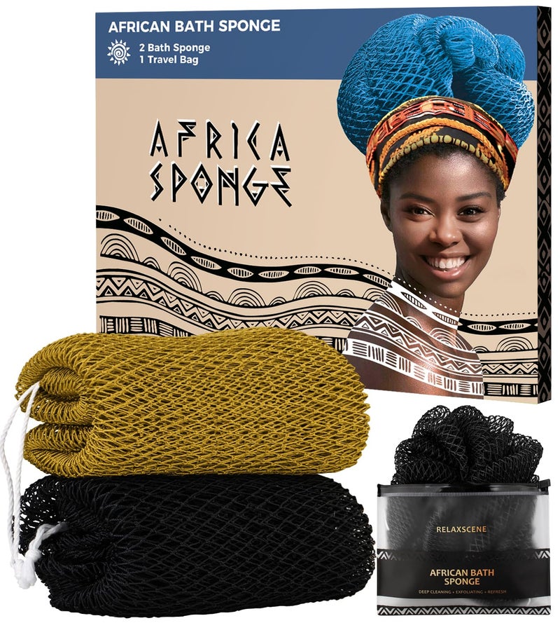 RelaxScene African Net Sponge Black and AntiGolden - 2 Pieces Authentic African Bath Sponges with Knots - Exfoliating Body Scrubber for Men - Back Scrub Exfoliator for Shower Bathroom Accessories - Image 1