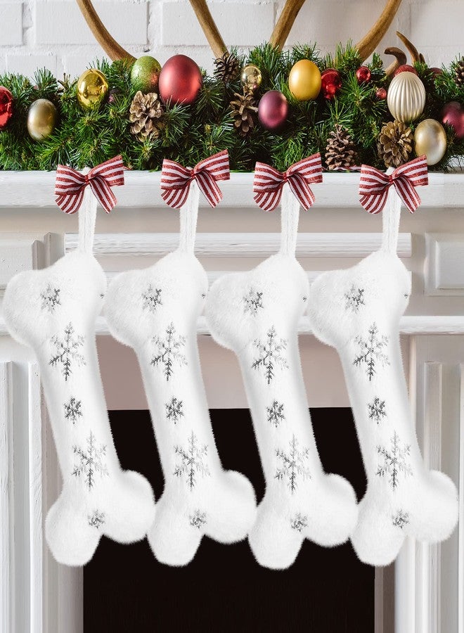 Foaincore 4 Pcs Dog Christmas Stocking Snowy White Plush Sequin Snowflake Bone Shape Stocking Large Pet Stockings Hanging Christmas Stocking for Dogs Cats Pets(Silver Snowflakes) - Image 1