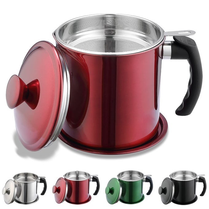 BACON GREASE CONTAINER WITH STRAINER 48 OZ METAL SHINING RED STAINLESS STEEL OIL CONTAINER POT FAT STORAGE WITH LID EASY GRIP HANDLE SUITABLE FOR STORING FRYING OIL AND COOKING GREASE