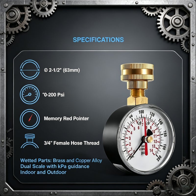 2 1 2 Inch Water Pressure Gauge 0 200 PSI Record Pointer Hose Thread - Image 3