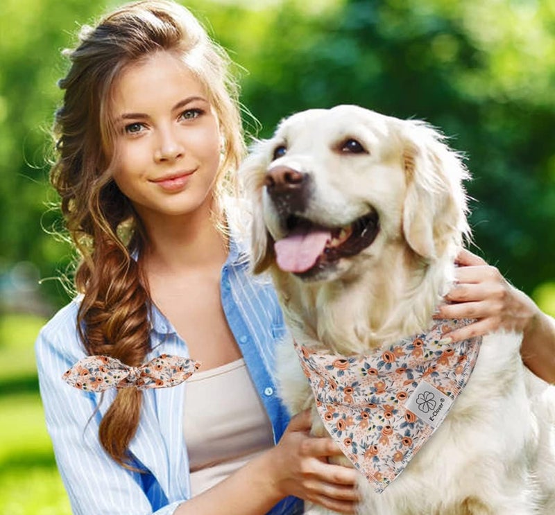 E-Clover Dog Bandanas & Matching Scrunchie Set Cute Flower Dog Scarf Bibs Girl Pet Bandana with Bow Tie for Medium Large Dogs Owner Mom Spring - Image 2