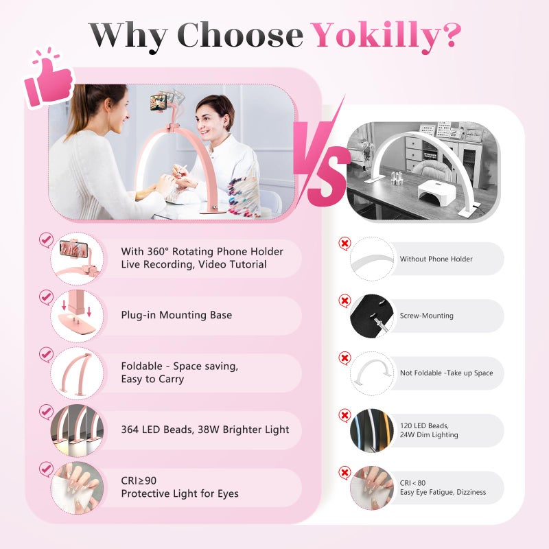 Yokilly Half Moon Light for Nail Desk: 29" Foldable Half Moon Nail Desk Lamp with Phone Holder for Beginner - Arch Tech Light with 3 Color Modes & 10 Brightness for Manicure Salon (Pink) - Image 2