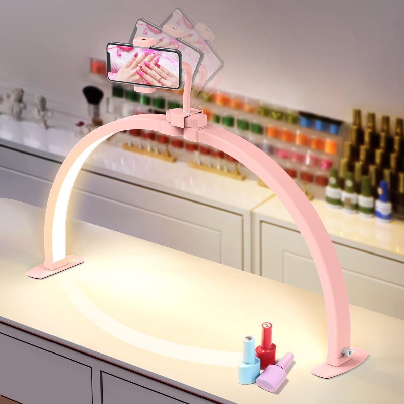 Yokilly Half Moon Light for Nail Desk: 29" Foldable Half Moon Nail Desk Lamp with Phone Holder for Beginner - Arch Tech Light with 3 Color Modes & 10 Brightness for Manicure Salon (Pink) - Image 1