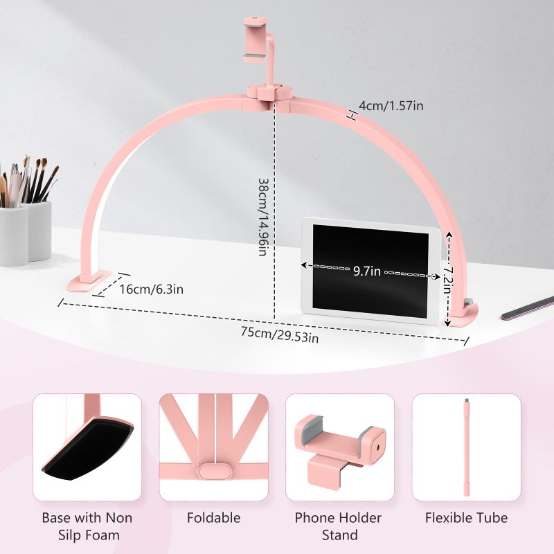Yokilly Half Moon Light for Nail Desk: 29" Foldable Half Moon Nail Desk Lamp with Phone Holder for Beginner - Arch Tech Light with 3 Color Modes & 10 Brightness for Manicure Salon (Pink) - Image 4