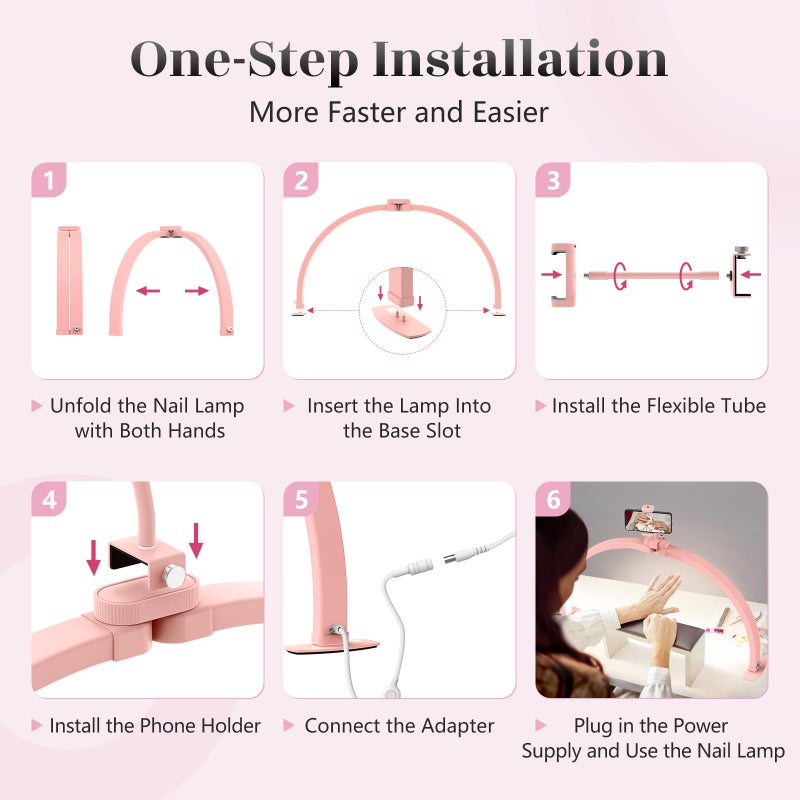 Yokilly Half Moon Light for Nail Desk: 29" Foldable Half Moon Nail Desk Lamp with Phone Holder for Beginner - Arch Tech Light with 3 Color Modes & 10 Brightness for Manicure Salon (Pink) - Image 5