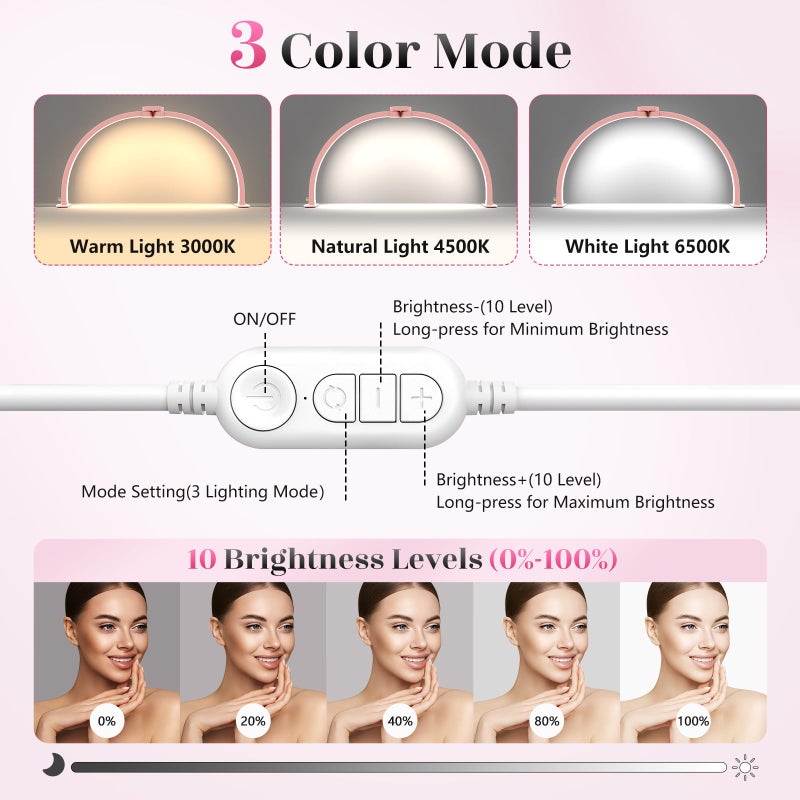 Yokilly Half Moon Light for Nail Desk: 29" Foldable Half Moon Nail Desk Lamp with Phone Holder for Beginner - Arch Tech Light with 3 Color Modes & 10 Brightness for Manicure Salon (Pink) - Image 3