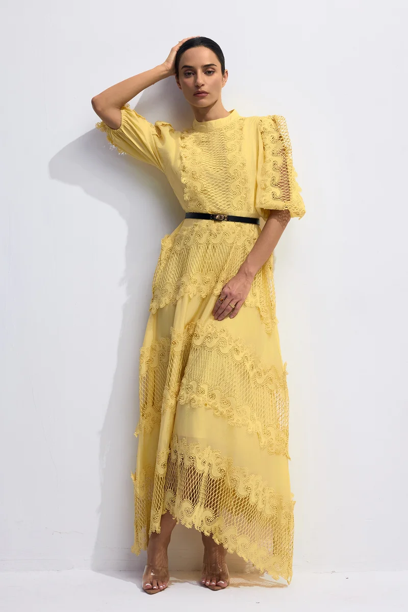 Sunfere Alanna Embroidered Lace Puff Sleeve Maxi Dress