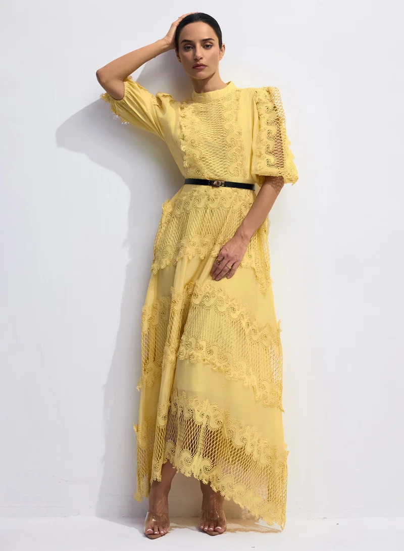 Sunfere Alanna Embroidered Lace Puff Sleeve Maxi Dress