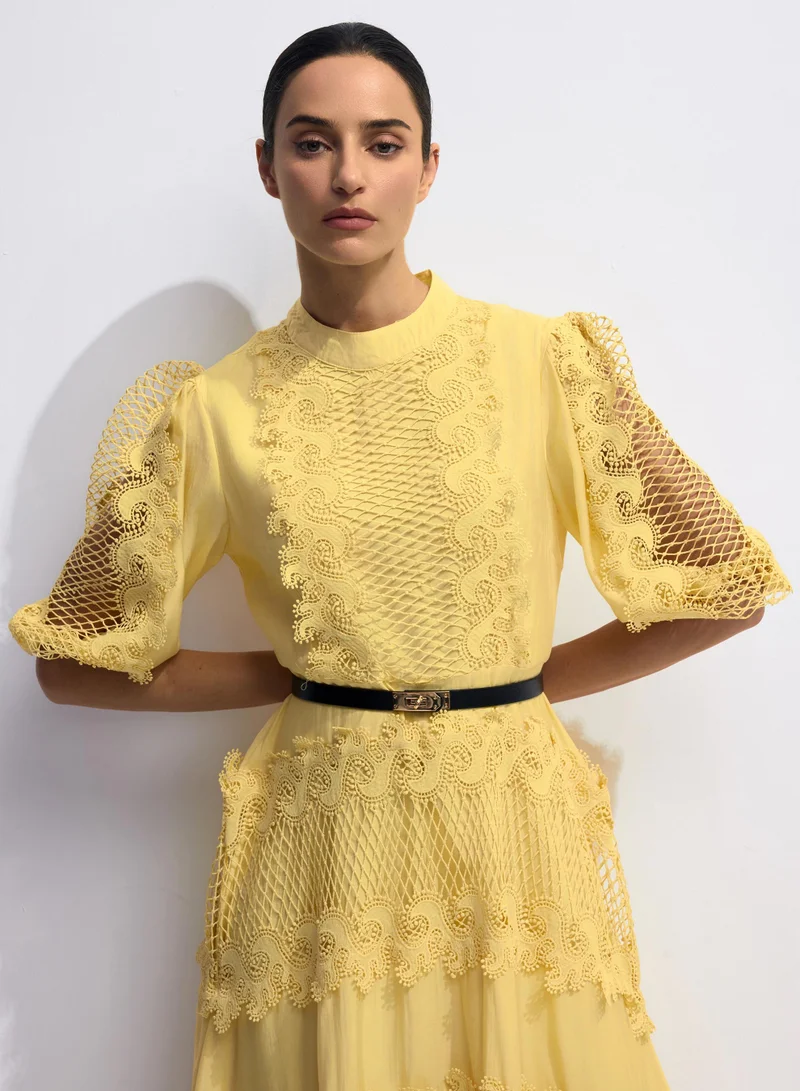 Sunfere  Alanna Embroidered Lace Puff Sleeve Maxi Dress for Women | Best Price UAE