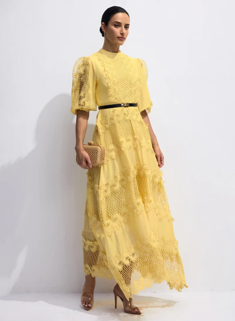 Sunfere Alanna Embroidered Lace Puff Sleeve Maxi Dress