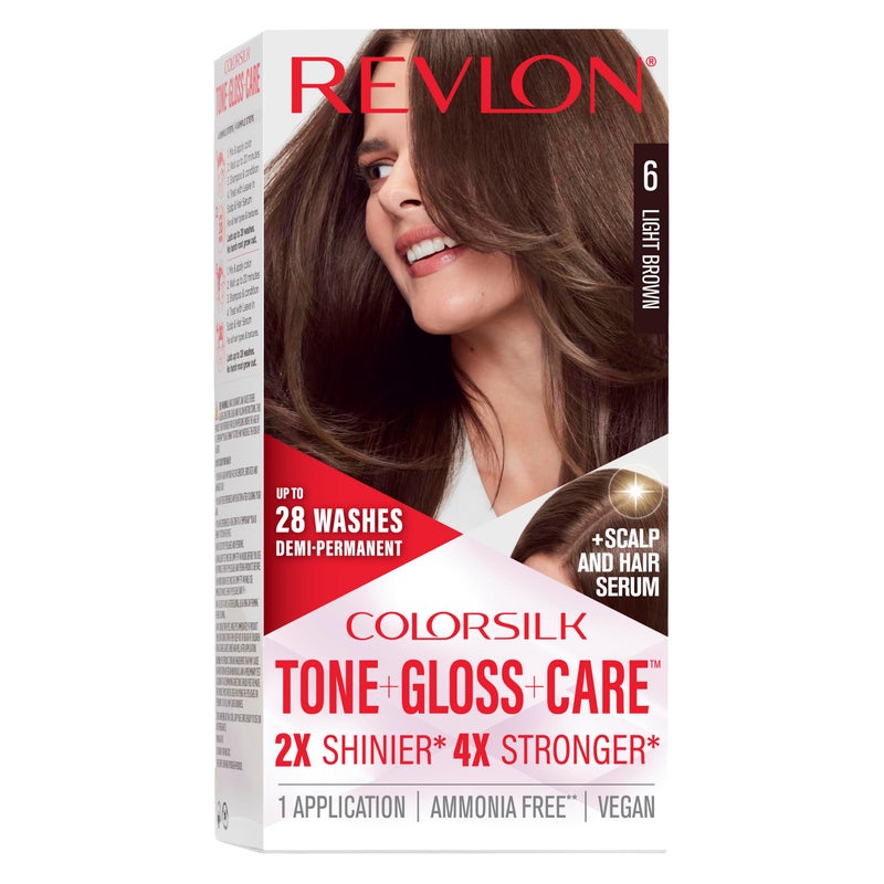 Revlon ColorSilk Tone + Gloss + Care Demi Permanent Hair Color, Dye Kit with Leave-In Scalp and Haircare Serum, 2x Shinier, 4x Stronger, 6 Light Brown, 4.5 fl oz - Image 1