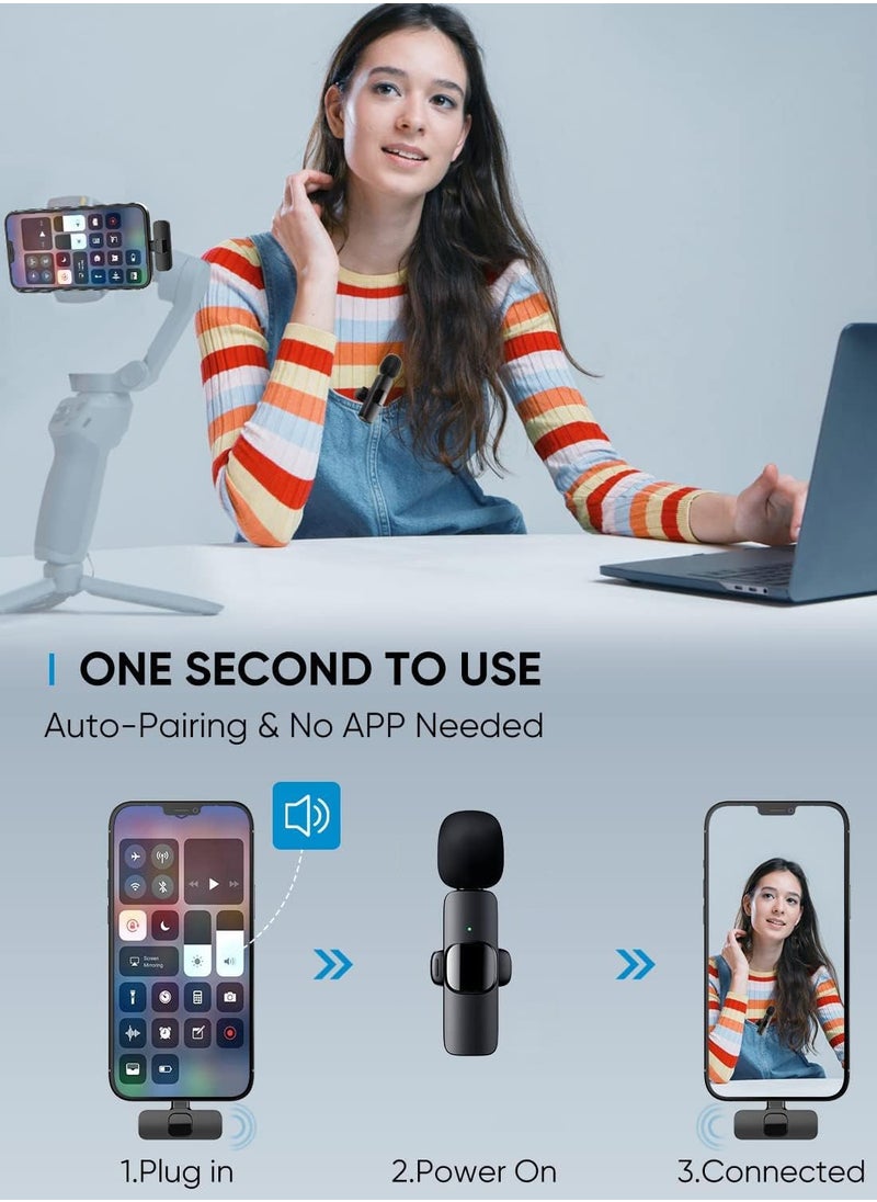 Wireless Lavalier Microphone for Smartphones – Auto-Pair, Noise Reduction, Plug & Play, 360° Pickup, 65Ft Range – Ideal for Vlogging, Zoom, YouTube, TikTok
