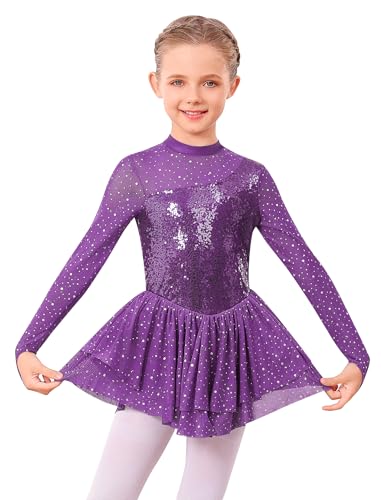 ODASDO Figure Skating Dress for Girls Ice Skating Kids Teenager Girl Mesh Long Sleeve Sparkly Rhinestones Sequin Skirted Leotard Gymnastics Competition Ballet Outfit Dancewear Purple 56 Years - Image 1