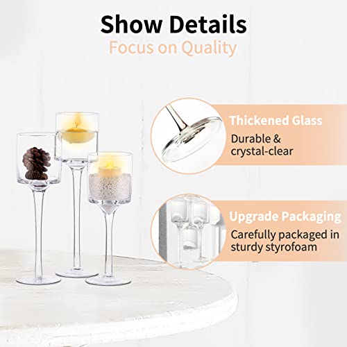 NUPTIO Tealight Candle Holders Glass: Set of 3 Long Stemmed Candle Stands for Dinner Table Centerpiece - Monet Candleholders Pillar Floating Candles - Image 3