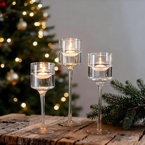 NUPTIO Tealight Candle Holders Glass: Set of 3 Long Stemmed Candle Stands for Dinner Table Centerpiece - Monet Candleholders Pillar Floating Candles - Image 1