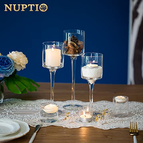 NUPTIO Tealight Candle Holders Glass: Set of 3 Long Stemmed Candle Stands for Dinner Table Centerpiece - Monet Candleholders Pillar Floating Candles - Image 4