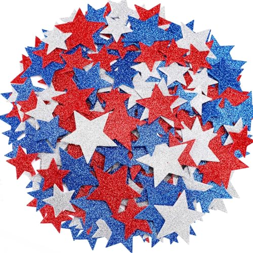 JULBEAR 300 Pcs Patriotic Glitter Star Foam Stickers Red Blue Silver Glitter Star SelfAdhesive Stickers Memorial Day for Kids Arts Crafts Independence Day 4th of July Decoration Supplies - Image 1