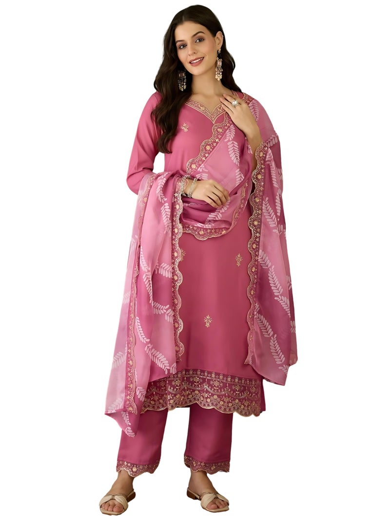 Naixa Women's Rayon Embroidered Straight Kurta with Pant and Dupatta Sets (NX-795-Pink-3XL) - Image 1