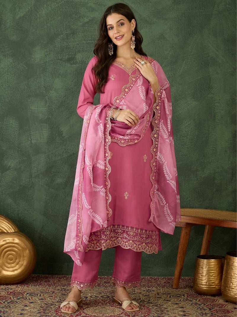 Naixa Women's Rayon Embroidered Straight Kurta with Pant and Dupatta Sets (NX-795-Pink-3XL) - Image 2