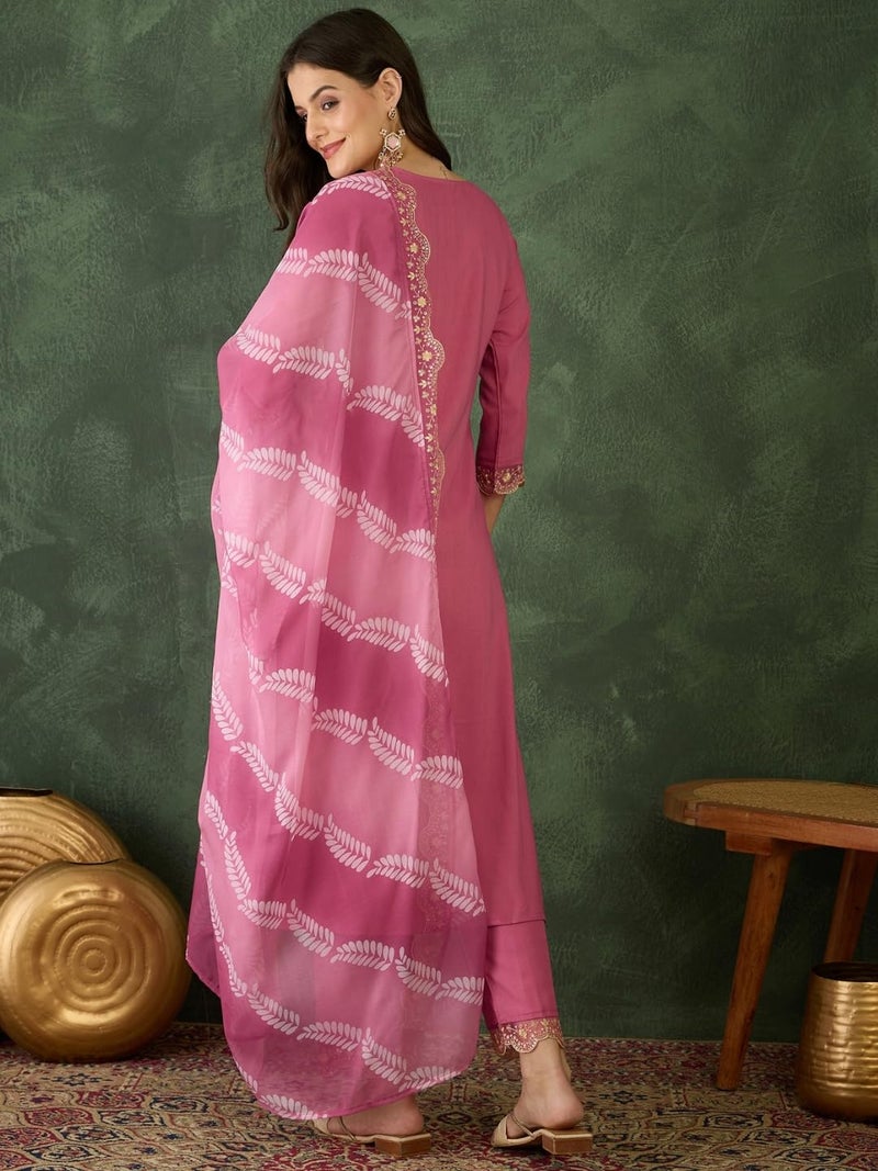 Naixa Women's Rayon Embroidered Straight Kurta with Pant and Dupatta Sets (NX-795-Pink-3XL) - Image 4