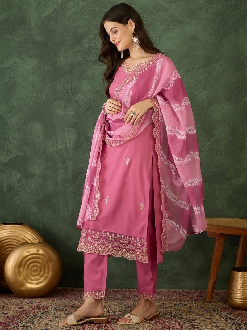 Naixa Women's Rayon Embroidered Straight Kurta with Pant and Dupatta Sets (NX-795-Pink-3XL) - Image 3