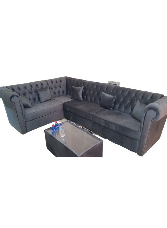 Maharat Al Bahar L Shape Velvat Sofa Set 5 Seater with Cushion & Table Grey 250X80X80