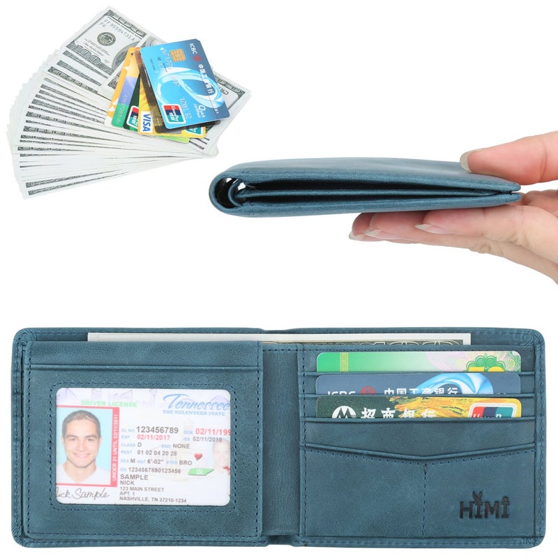 HIMI محفظة للرجال - جلد طبيعي مع حماية RFID - محفظة أنيقة قابلة للطي مع نافذتين للهوية (أزرق محيطي) - Image 2