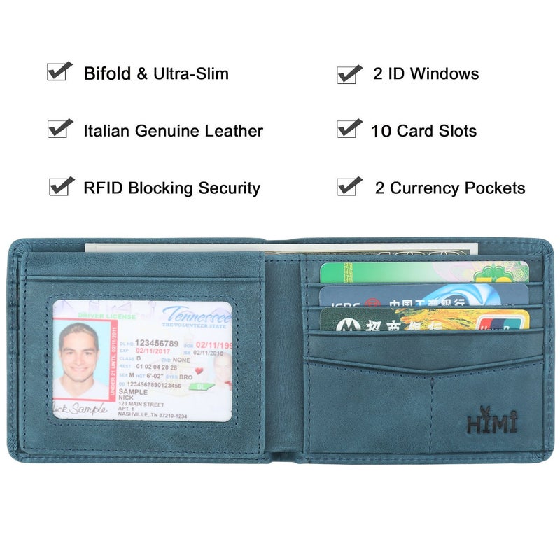 HIMI محفظة للرجال - جلد طبيعي مع حماية RFID - محفظة أنيقة قابلة للطي مع نافذتين للهوية (أزرق محيطي) - Image 3