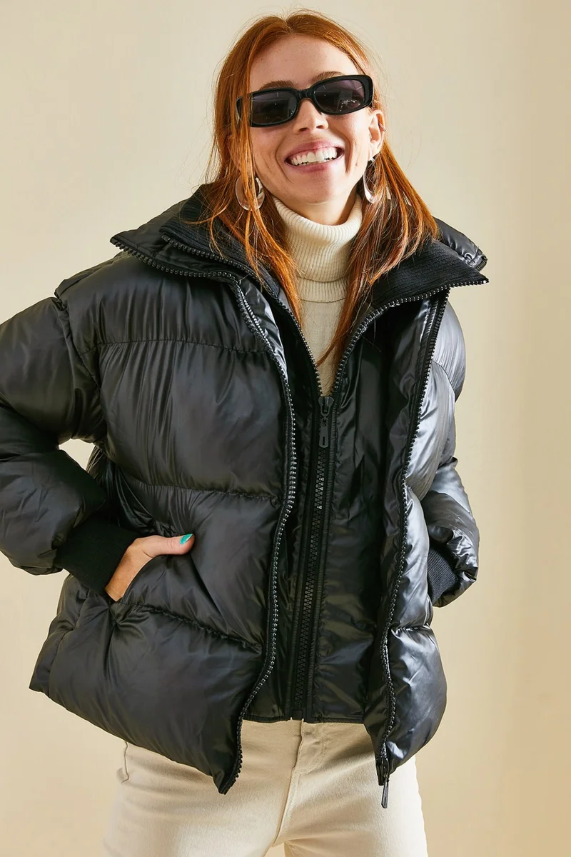 لايث Double Collar Double Zipper Collar Knitwear Detailed Inflatable Coat