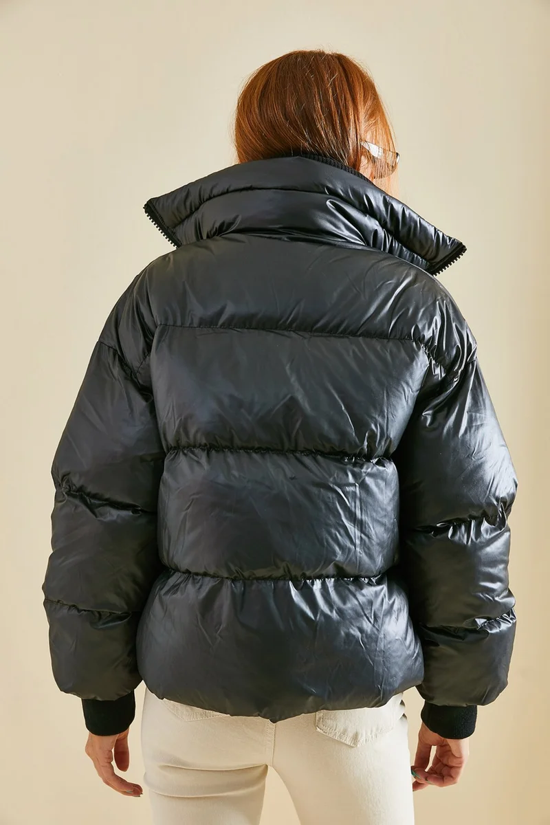 لايث Double Collar Double Zipper Collar Knitwear Detailed Inflatable Coat