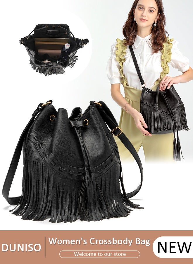 DUNISO Leather Bucket Bags for Women Crossbody Purses Tote Bag with Drawstring Ladies Tassel Hobo and Shoulder Handbags - Image 1