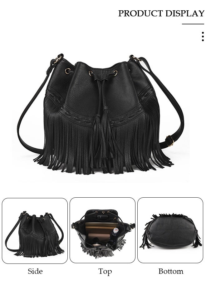 DUNISO Leather Bucket Bags for Women Crossbody Purses Tote Bag with Drawstring Ladies Tassel Hobo and Shoulder Handbags - Image 5