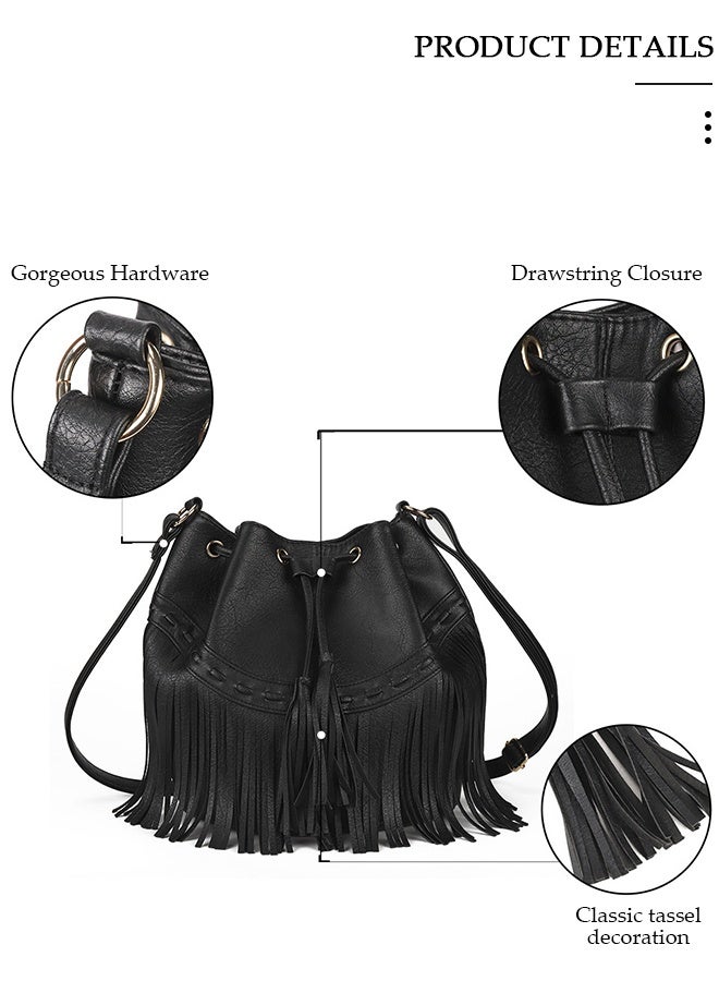 DUNISO Leather Bucket Bags for Women Crossbody Purses Tote Bag with Drawstring Ladies Tassel Hobo and Shoulder Handbags - Image 4