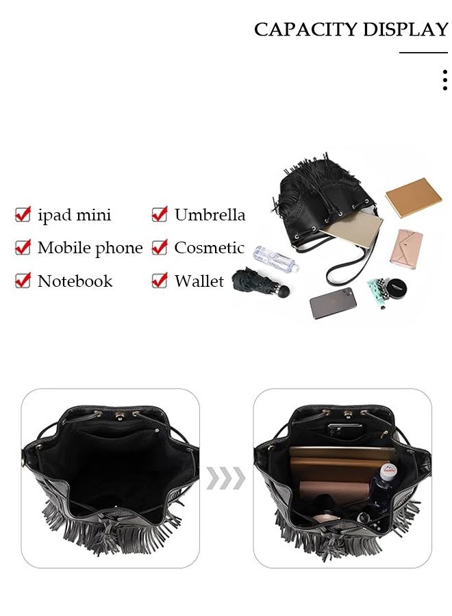 DUNISO Leather Bucket Bags for Women Crossbody Purses Tote Bag with Drawstring Ladies Tassel Hobo and Shoulder Handbags - Image 3