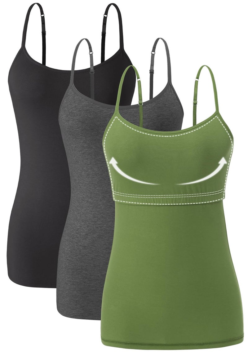 Orrpally Women Cotton Camisole Shelf Bra Cami Tank Tops Adjustable Spaghetti Strap Tank Top 3-Pack Black/Charcoal Heather/ArmyGreen S - Image 1