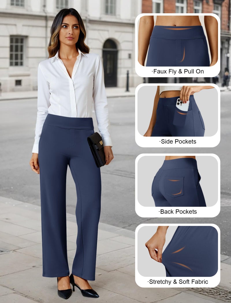FireSwan Womens Dress Pants Stretchy Wide Leg Work Pants Business Casual Trousers Pull On Office Slacks with 4 Pockets Navy Blue - Image 4