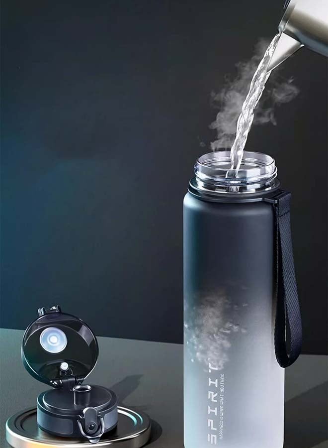 Lyaxm 1L Gradient Sports Water Bottle, Sports Water Bottle with Time Marker,Leak proof Portable Reusable Drinking Kettle Fitness Sport 1L Water Jug for Men Women Kids Student to Camping Office School Gym Workout   Stylish Outdoor Space Cup with Large Capacity, Durable PC Material, Hand-Wash Only Black - Image 1