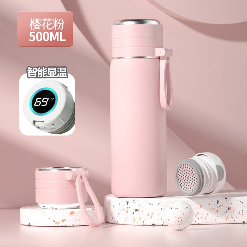 Vacuum Cup mens and womens large capacity stainless steel Kettle tea separation water Cup 2023 new printing wholesale tea cup 500ml pink [temperature display cap]