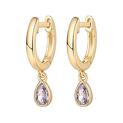 PAVOI 14K Yellow Gold Plated 925 Sterling Silver Post Huggie With Dangle | Small Gold Hinged Hoop Earrings For Women | Trendy Pear Shaped Cubic Zirconia Dangle Earrings - Image 3