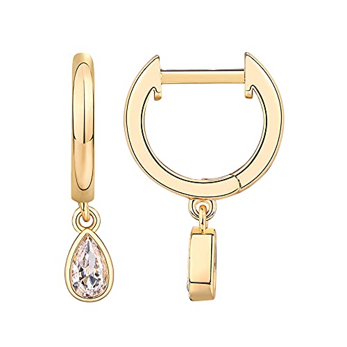PAVOI 14K Yellow Gold Plated 925 Sterling Silver Post Huggie With Dangle | Small Gold Hinged Hoop Earrings For Women | Trendy Pear Shaped Cubic Zirconia Dangle Earrings - Image 1